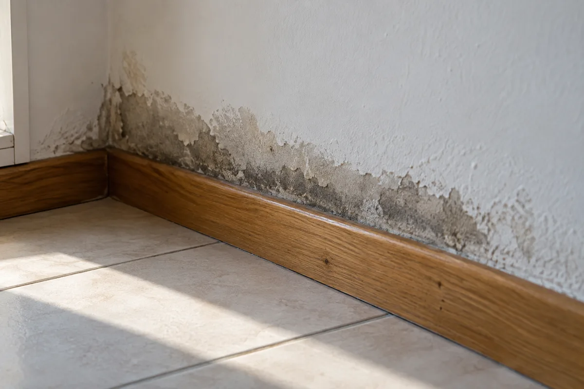 Trace d’humidité sombre au bas d’un mur blanc près d’une plinthe, carrelage au sol en lumière rasante