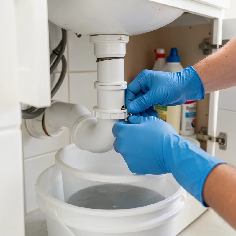 Siphon de lavabo démonté au-dessus d&rsquo;un seau, mains gantées d&rsquo;un particulier, salle de bain claire