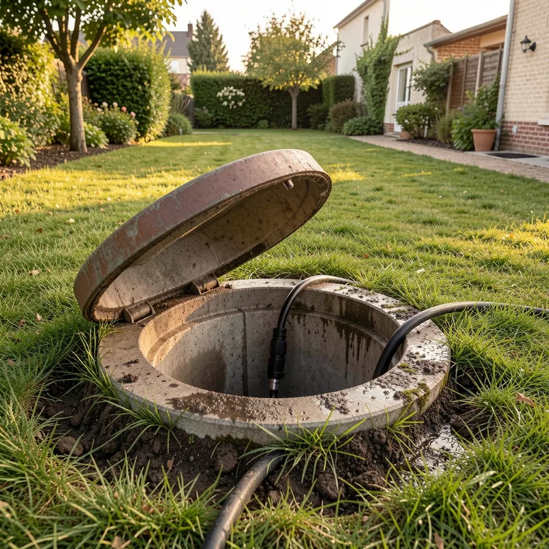 Regard d&rsquo;assainissement ouvert dans un jardin, tuyau d&rsquo;hydrocurage engagé dans la canalisation, lumière de fin de journée