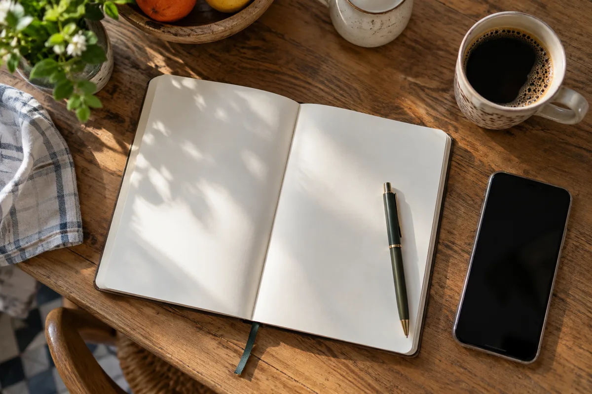 Carnet ouvert aux pages vierges et stylo posés sur une table de cuisine à côté d&rsquo;un téléphone éteint et d&rsquo;une tasse, lumière du matin