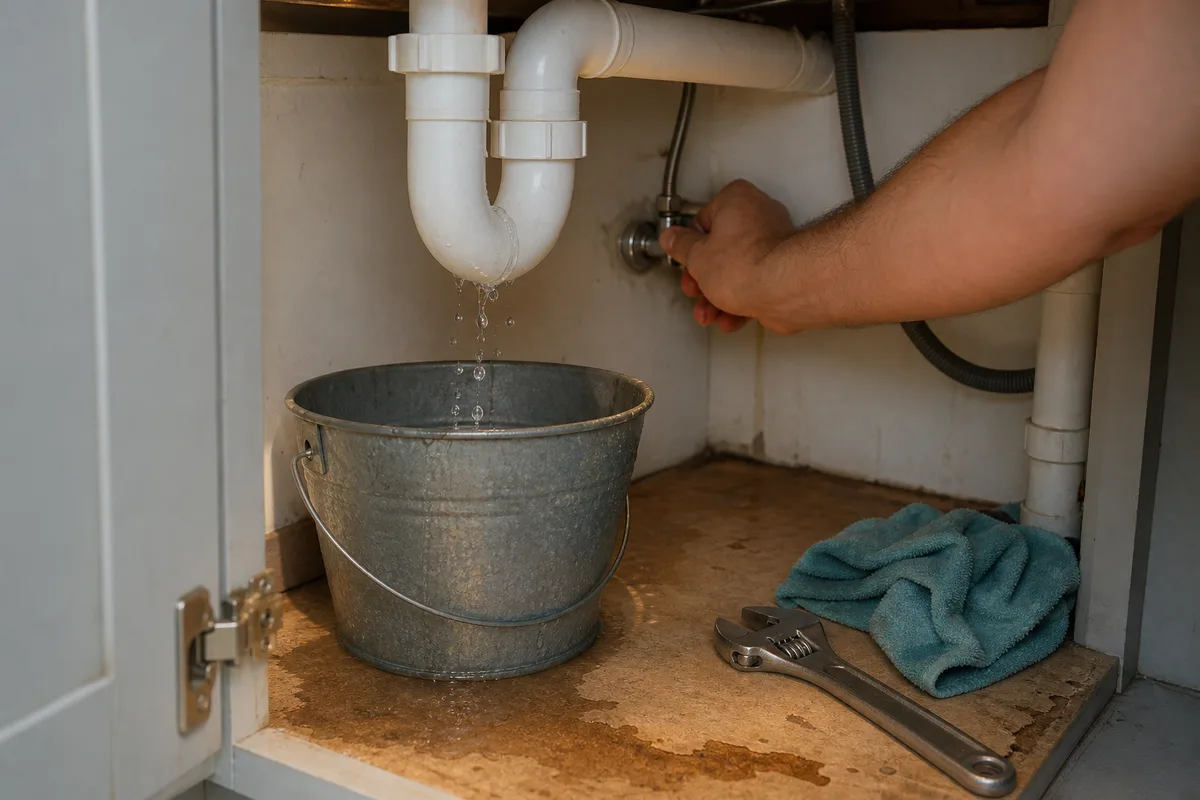 Fuite sous un évier de cuisine, un seau récupère l&rsquo;eau qui goutte d&rsquo;un siphon, une main ferme le robinet d&rsquo;arrêt
