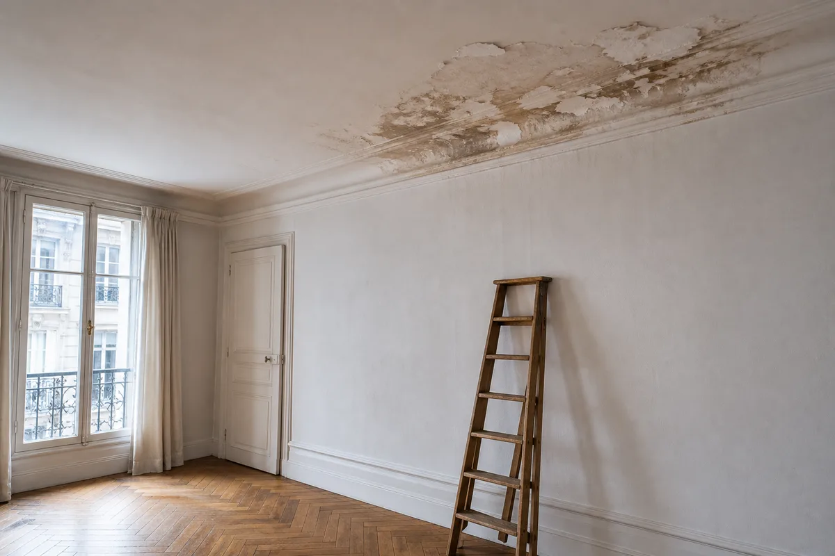 Traces d&rsquo;humidité et cloque de peinture sur un plafond d&rsquo;appartement français, escabeau posé contre le mur