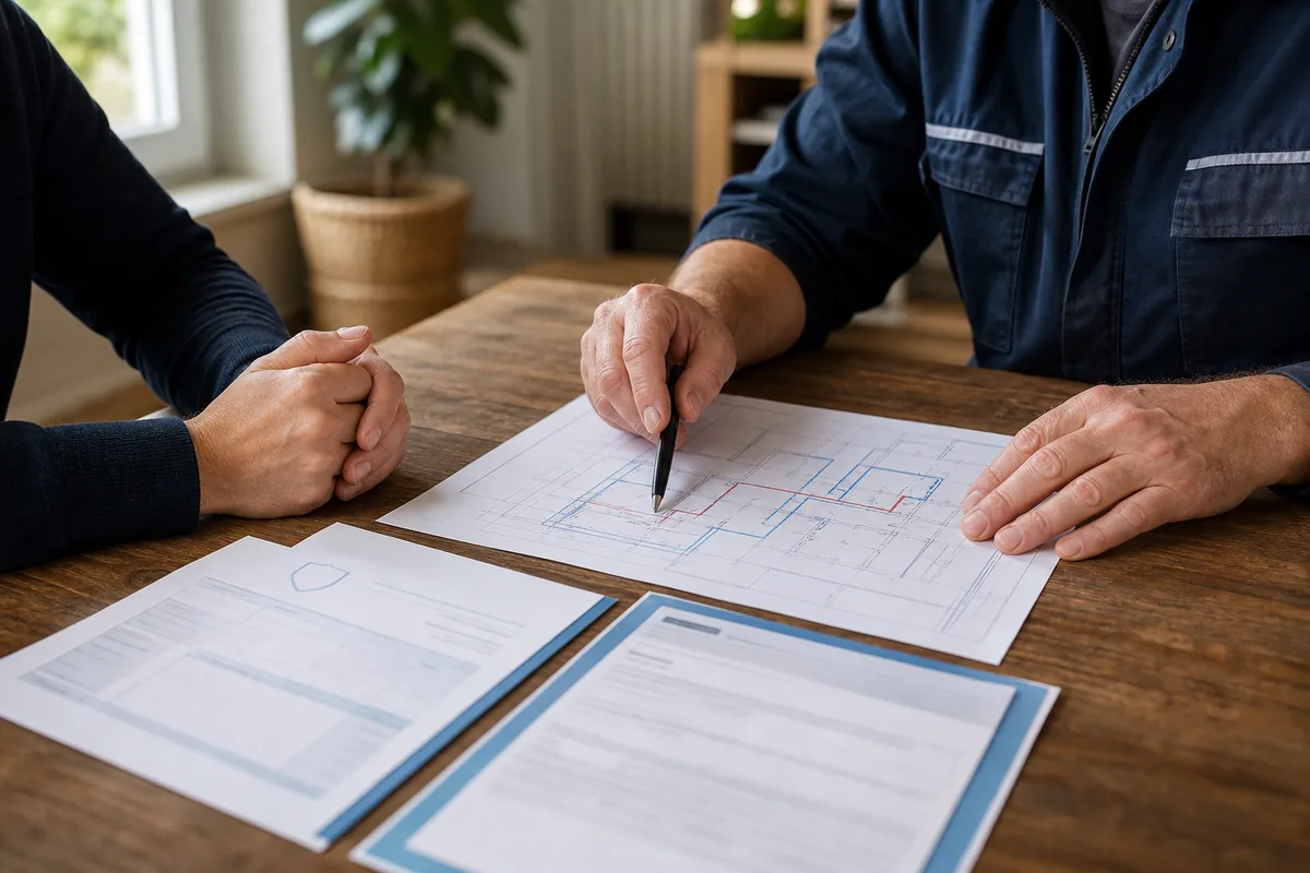Un artisan plombier et un client examinent ensemble un plan de réseau d&rsquo;eau et des attestations posés sur une table en bois, lumière naturelle de fenêtre