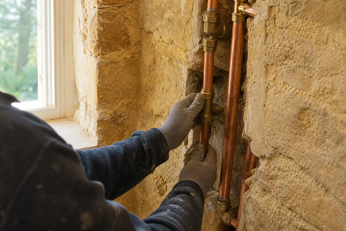 Maison en pierre dorée de la vallée d&rsquo;Azergues avec un plombier reprenant un réseau d&rsquo;eau encastré
