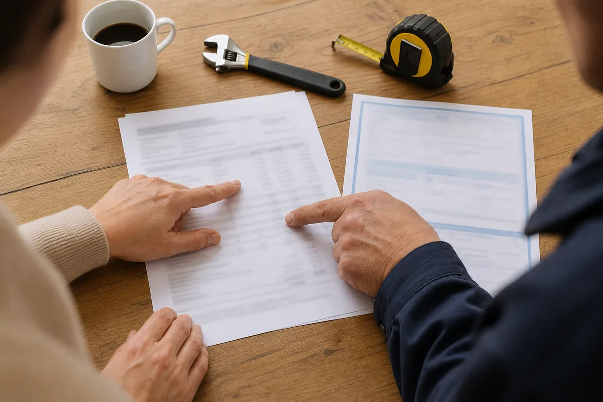 Table de travail avec un devis de plomberie détaillé, une attestation d&rsquo;assurance et des outils, lumière naturelle