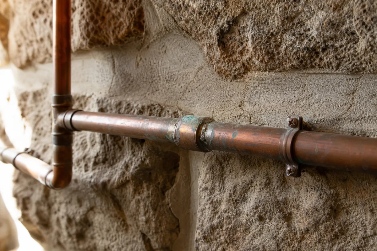 Canalisations de cuivre courant le long d&rsquo;un mur de granit breton, traces d&rsquo;humidité visibles