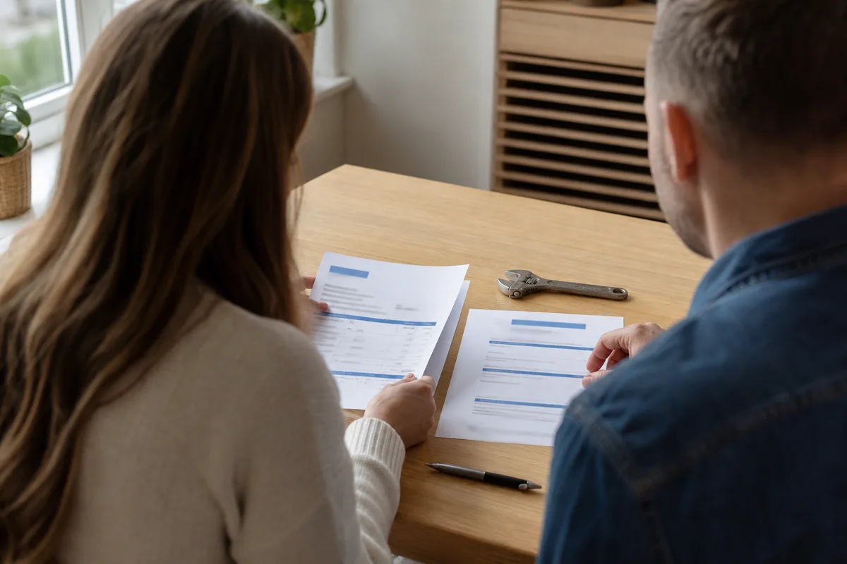 Artisan plombier et cliente comparant un devis détaillé sur une table, attestation d&rsquo;assurance posée à côté