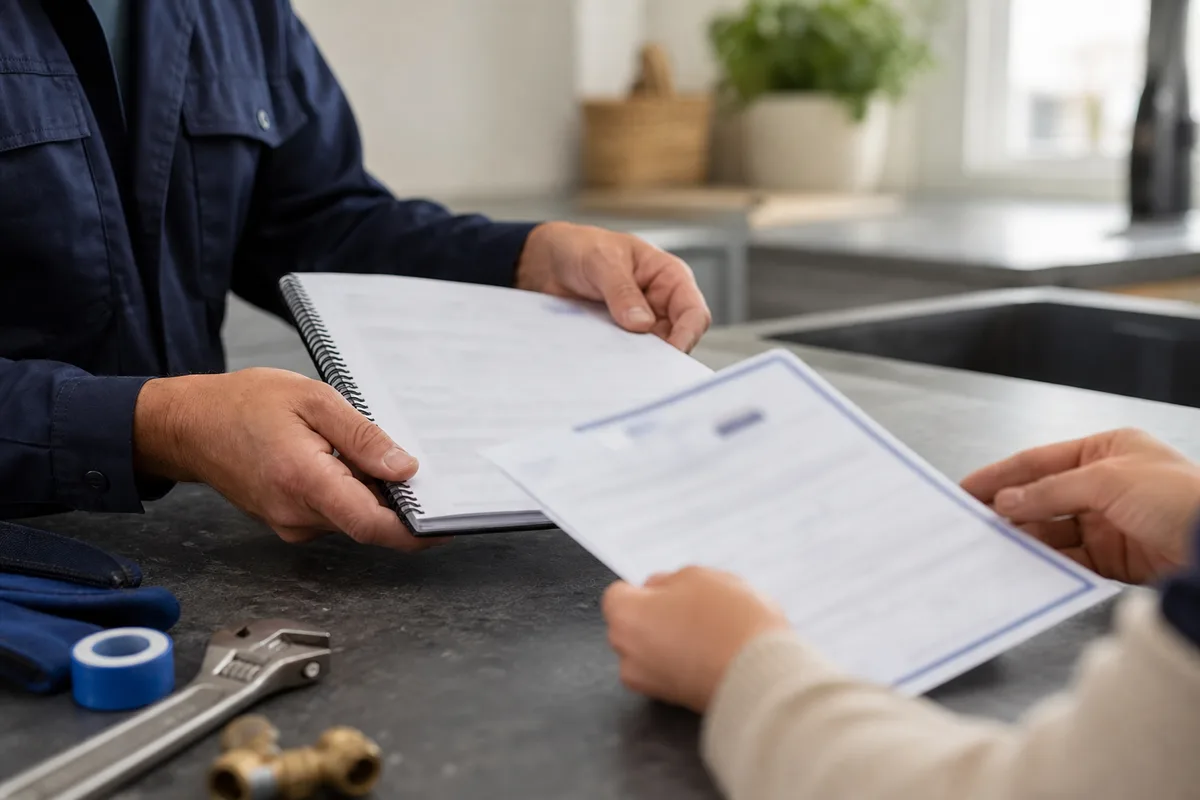 Devis de plomberie, attestation d’assurance et clé posés sur une table, un client feuilletant les documents