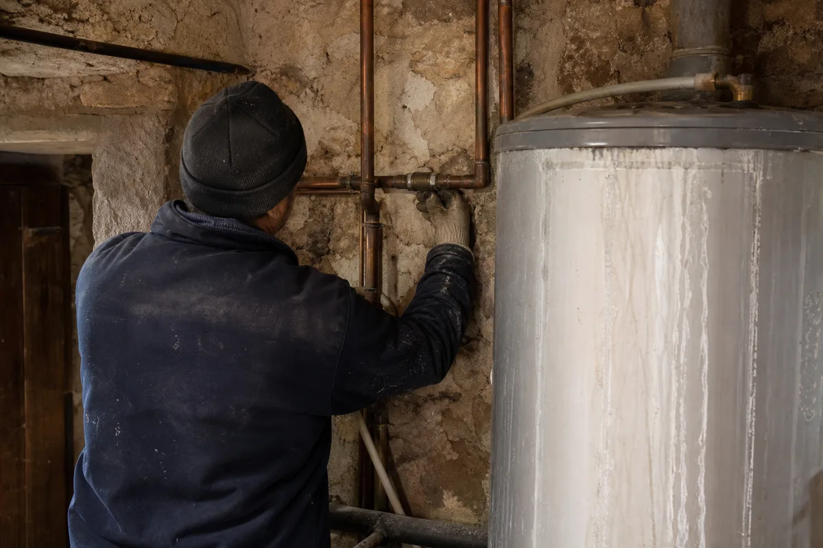 Canalisations en cuivre apparentes et chauffe-eau dans une maison ancienne en pierre, artisan de dos inspectant un raccord