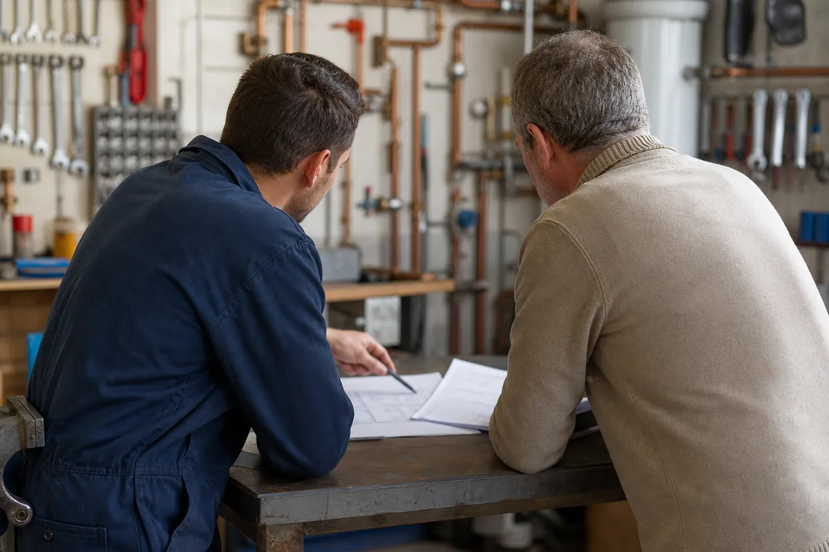 Un artisan et un client discutent autour de documents posés sur un plan de travail, ambiance de conseil, lumière douce d&rsquo;atelier