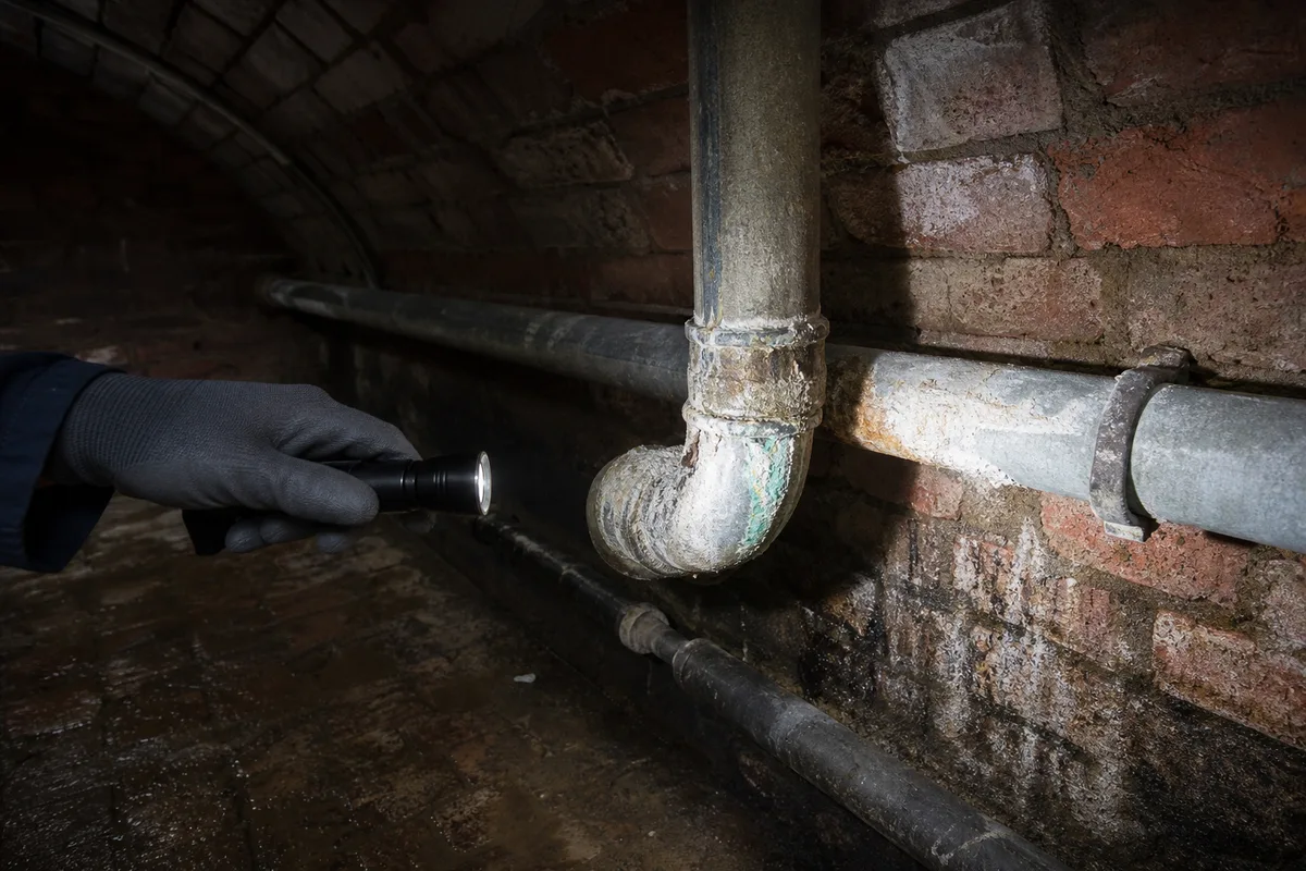 Cave humide d&rsquo;une maison de brique flamande, canalisations anciennes inspectées à la lampe torche