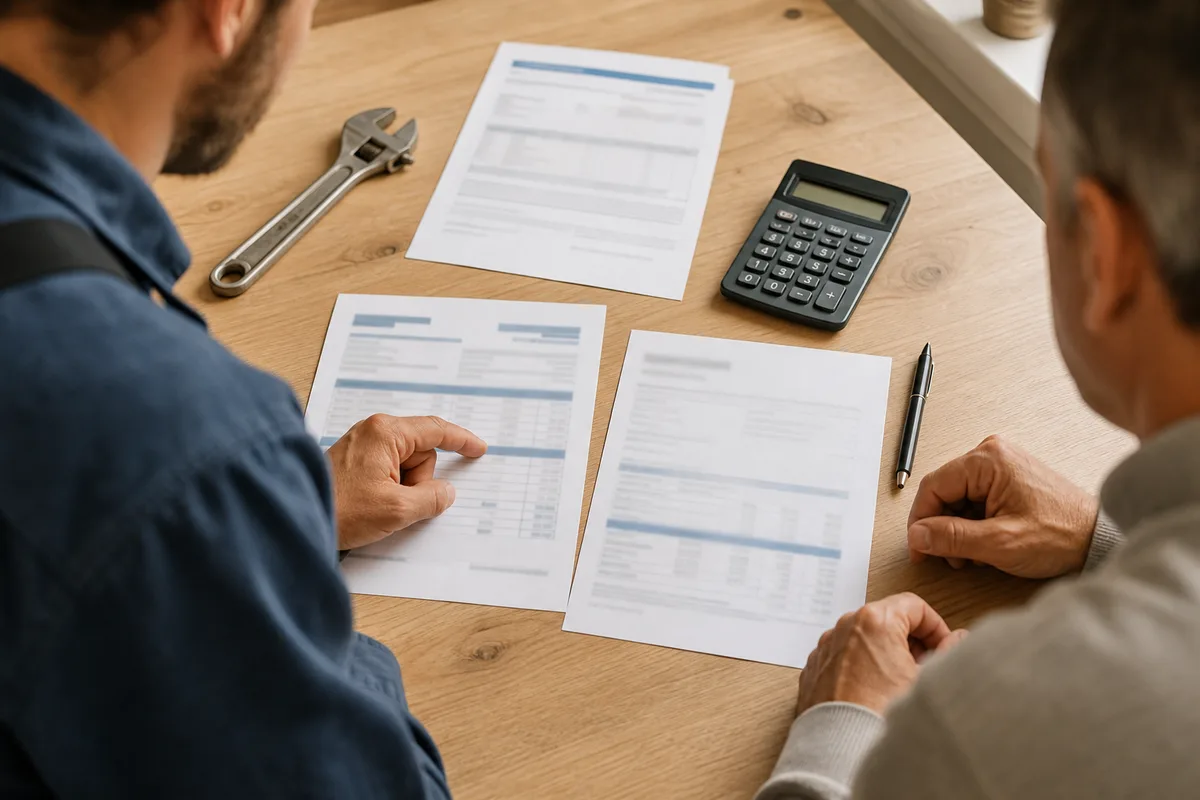 Devis de plomberie, attestation d&rsquo;assurance et calculatrice posés sur un plan de travail en bois clair