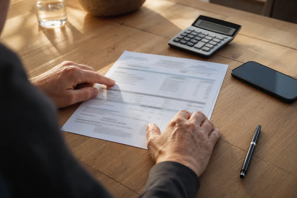 Table avec un devis de plomberie, une facture et une calculatrice, lumière douce, ambiance de vérification avant signature