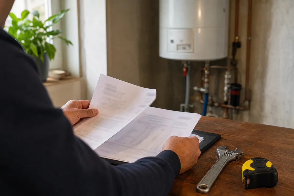 Plan de travail avec un devis de plomberie et des outils près d&rsquo;un chauffe-eau
