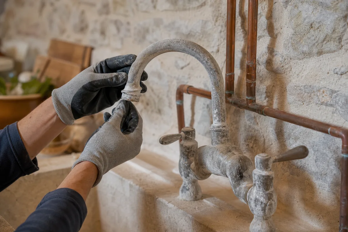 Robinet ancien entartré par l&rsquo;eau calcaire dans la cuisine d&rsquo;un mas en pierre