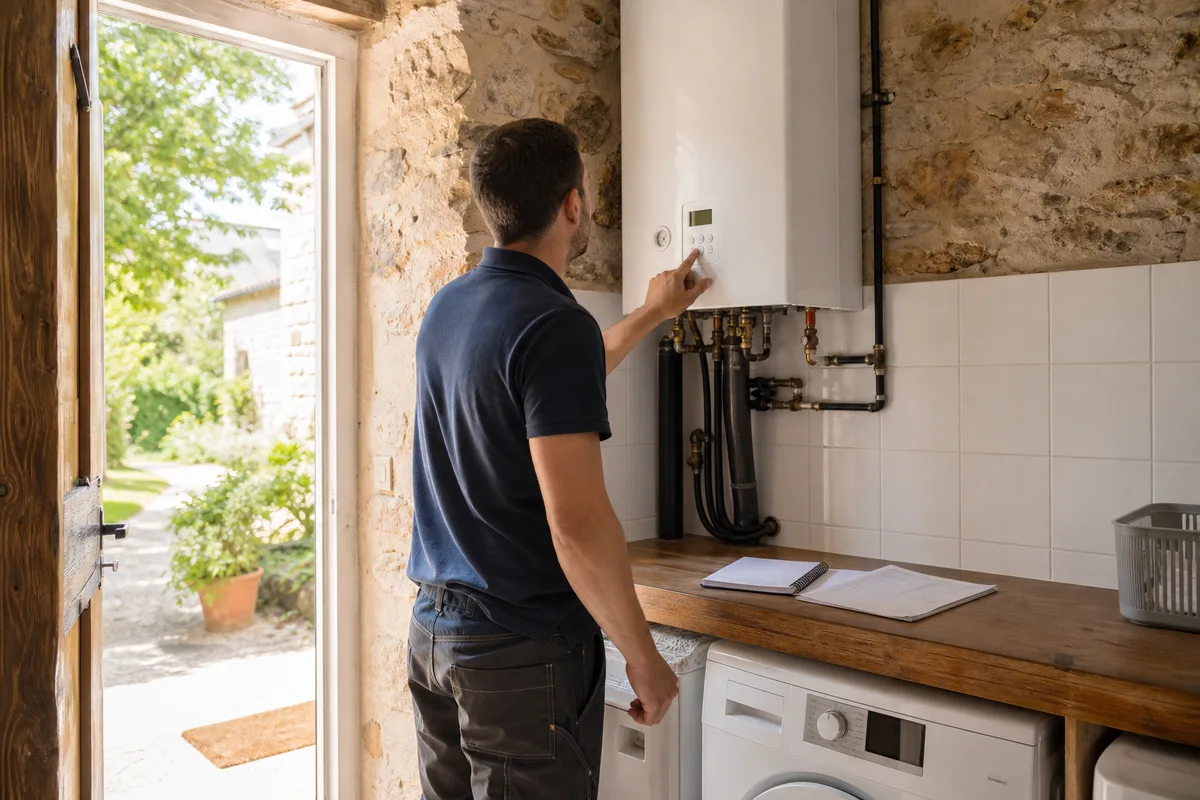Plombier examinant un chauffe-eau dans la buanderie d&rsquo;un gîte de la garrigue