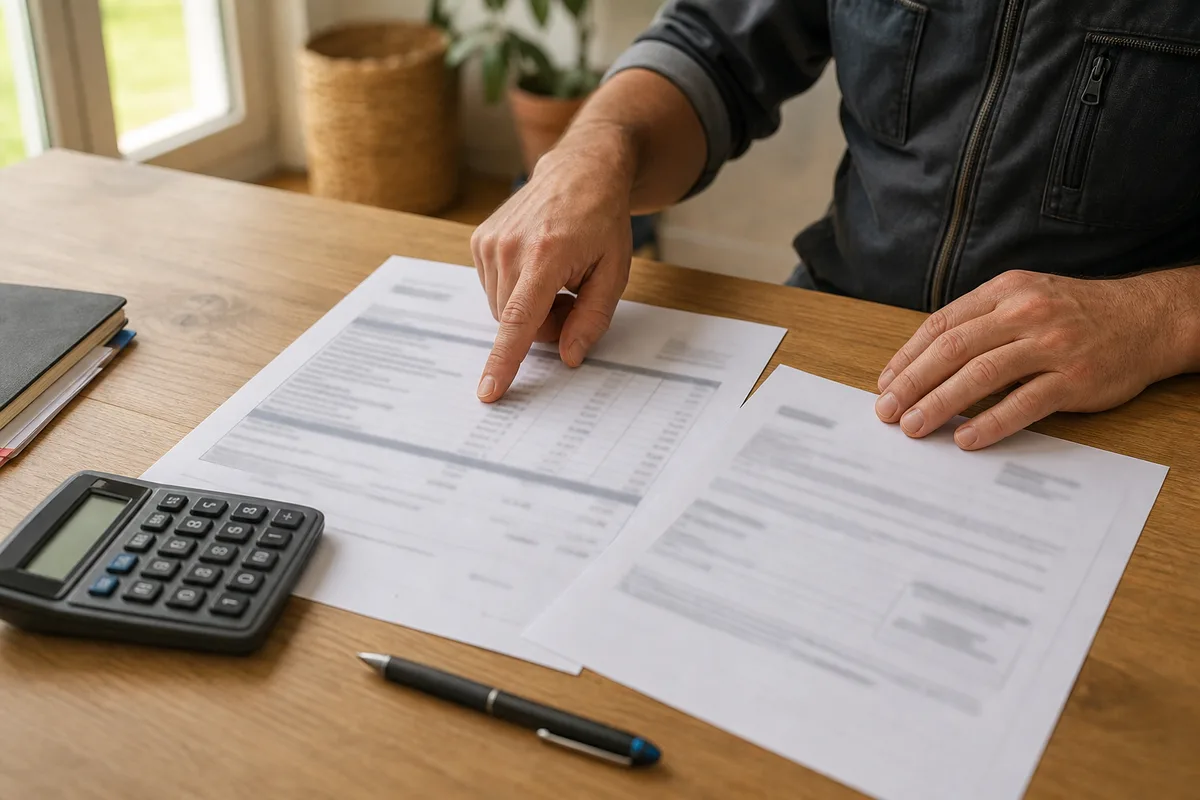 Table en bois avec un devis de plomberie détaillé, une attestation d&rsquo;assurance et une calculatrice, lumière naturelle douce d&rsquo;un intérieur basque