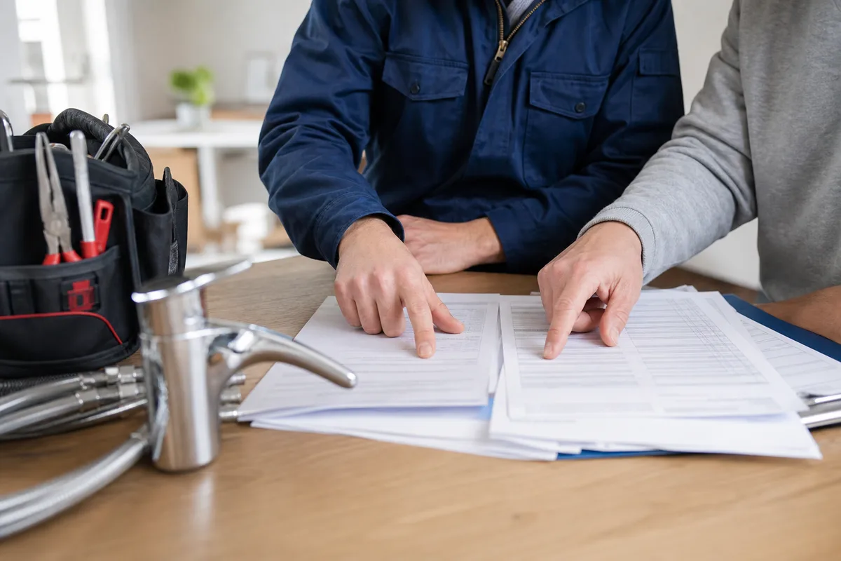 Un artisan plombier et un client comparent des attestations et un devis posés sur une table en bois clair