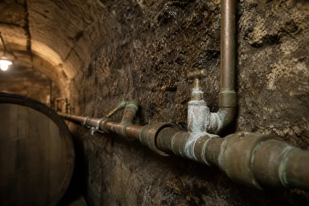 Cave voûtée en pierre d&rsquo;une maison vigneronne du vignoble de l&rsquo;Yonne, canalisations anciennes le long du mur