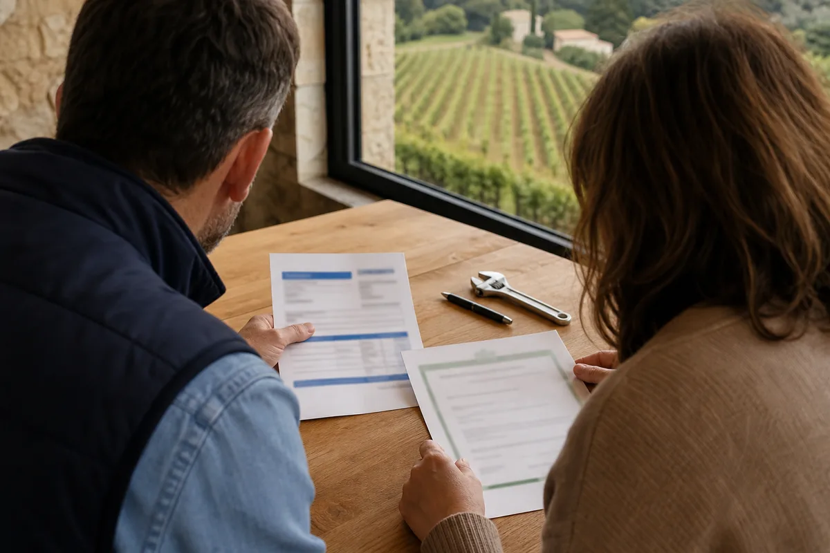 Plombier et cliente comparant un devis de plomberie sur une table en bois, attestation d&rsquo;assurance posée à côté