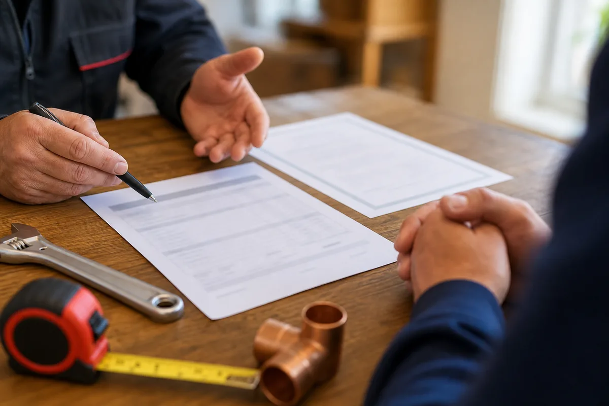 Documents de plomberie, devis détaillé et attestation d&rsquo;assurance posés sur une table en bois près d&rsquo;outils