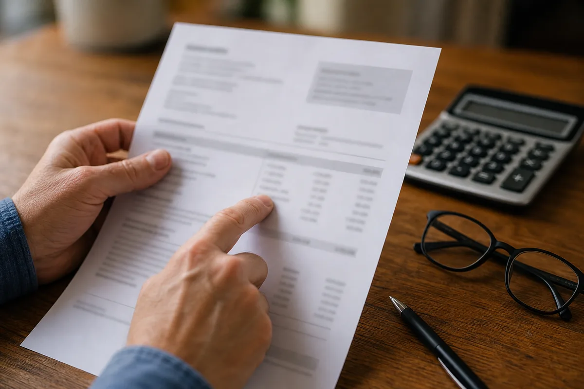 Gros plan sur un devis de plomberie détaillé et une calculatrice posés sur une table en bois, mains d&rsquo;un particulier vérifiant les mentions légales