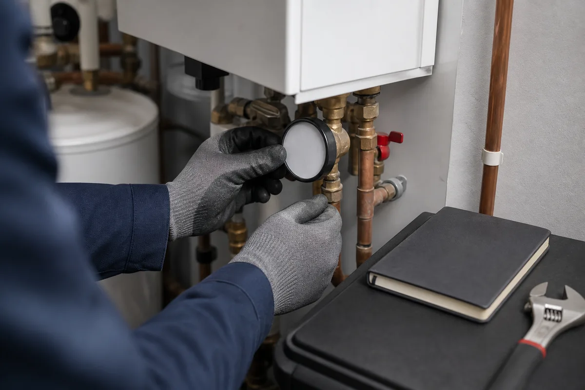 Manomètre et raccords en cuivre d&rsquo;une installation de chauffage au gaz contrôlés par les mains gantées d&rsquo;un artisan dans une chaufferie éclairée